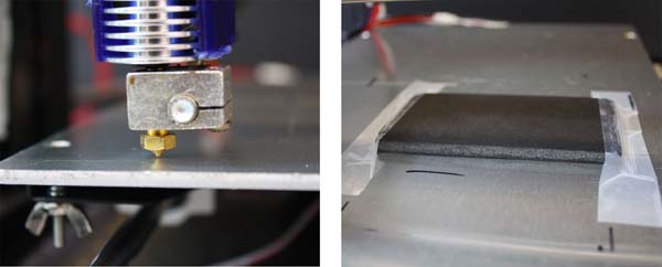 Figure 2. Left: The extruder is at the Home position 0.1 mm from the print bed. Right: The substrate (black foam board) is taped flat to the print bed.
