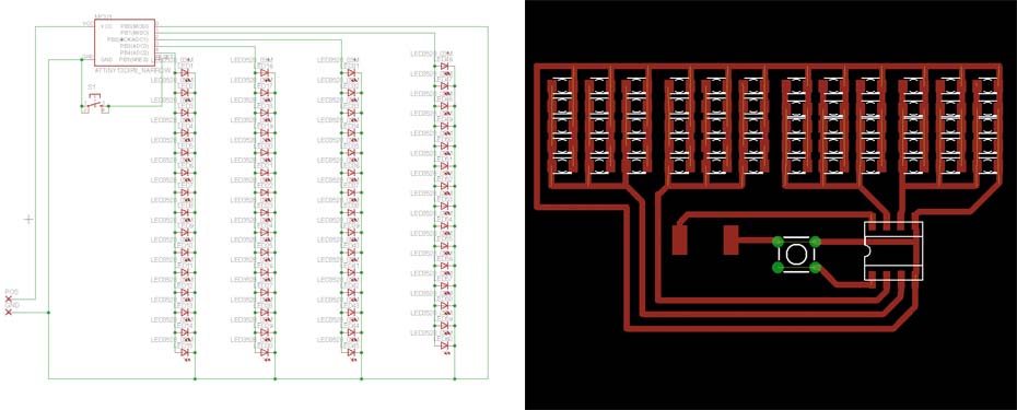 Figure 1. Schematic (left) and Layout (Right) of the ATtiny Name Tag.