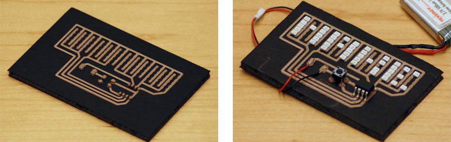 Figure 3. Left: Image of the printed ATtiny nametag circuit.  Note the thicker pads for holding the pushbutton and ATtiny in place.  Right:  Image of final assembled ATtiny nametag.